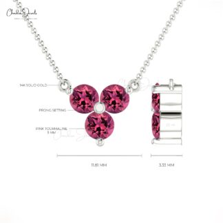 Triple Pink Tourmaline Chain Necklace With 3mm Gemstone 14k Real Gold Cluster Jewelry