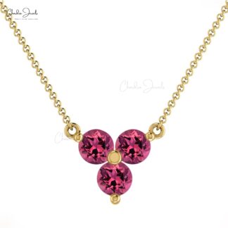 Triple Pink Tourmaline Chain Necklace With 3mm Gemstone 14k Real Gold Cluster Jewelry