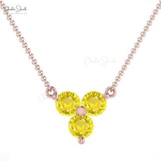 Cluster Trio Stone Necklace In Solid 14k Gold Yellow Sapphire Handmade Fine Jewelry