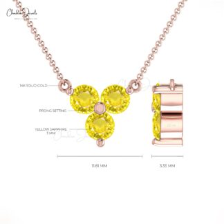 Cluster Trio Stone Necklace In Solid 14k Gold Yellow Sapphire Handmade Fine Jewelry