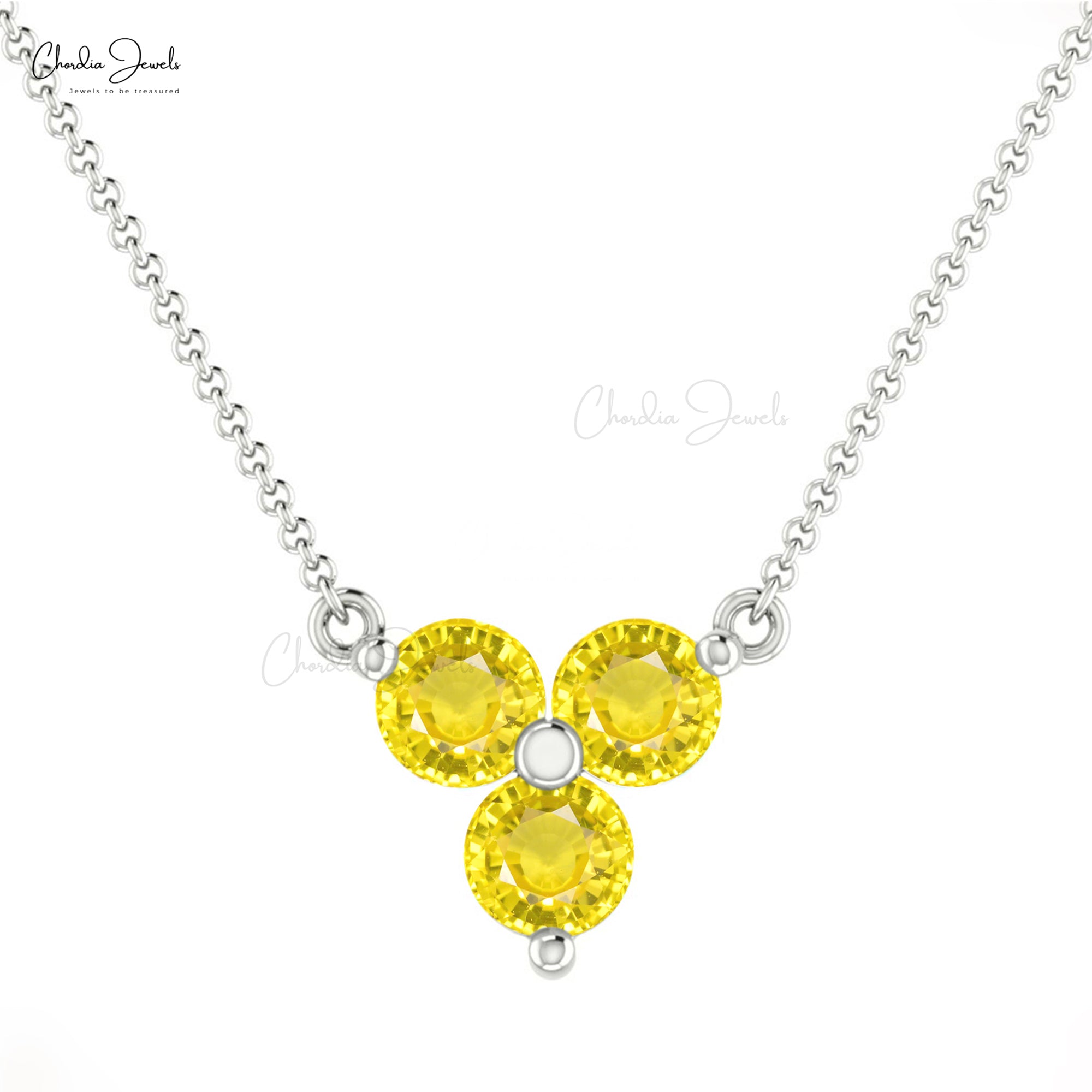 Cluster Trio Stone Necklace In Solid 14k Gold Yellow Sapphire Handmade Fine Jewelry
