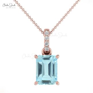 Diamond Dangle Pendant With 7x5mm Aquamarine Prong Set in 14k Solid Gold Necklaces