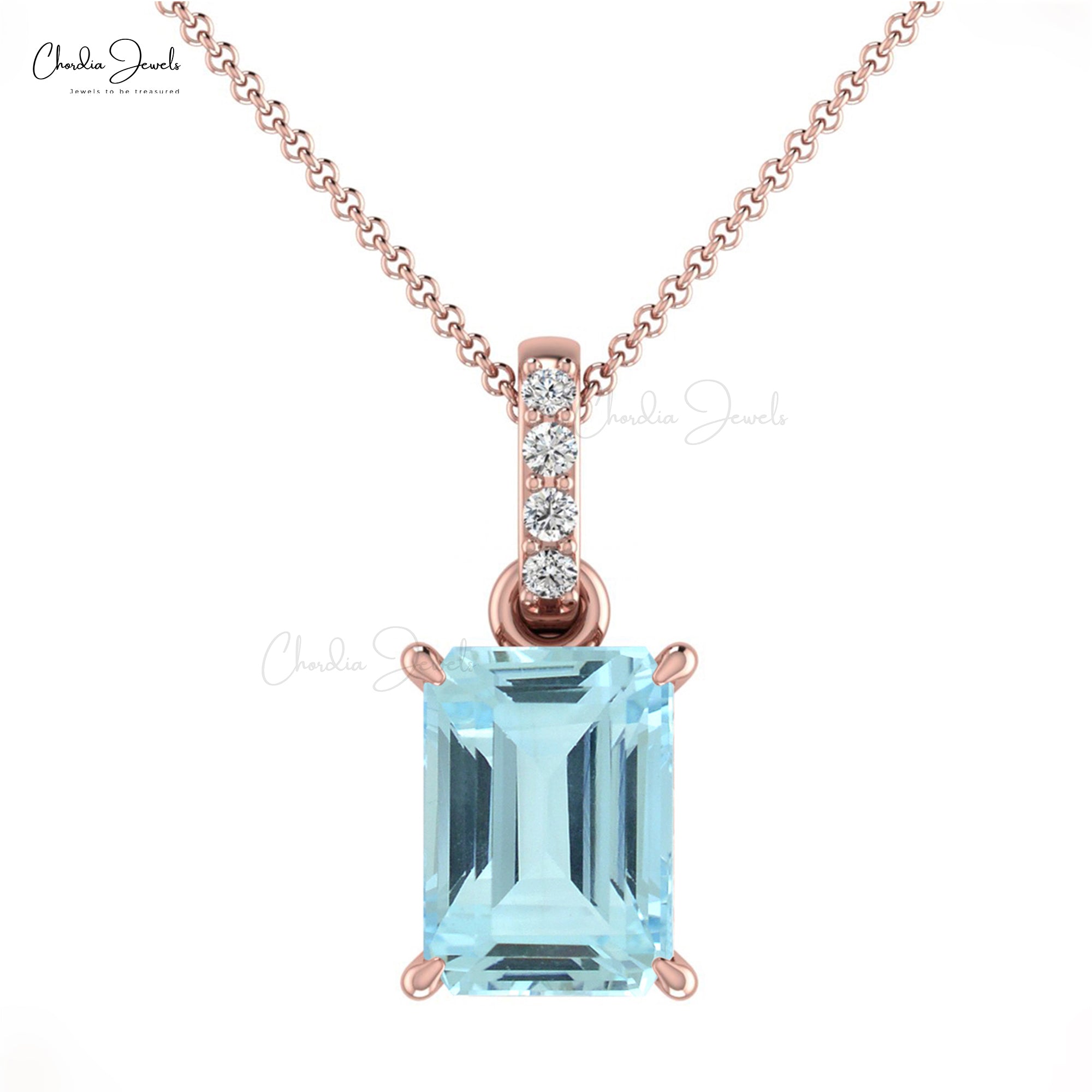 Diamond Dangle Pendant With 7x5mm Aquamarine Prong Set in 14k Solid Gold Necklaces