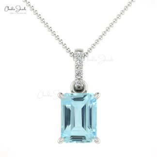 Diamond Dangle Pendant With 7x5mm Aquamarine Prong Set in 14k Solid Gold Necklaces