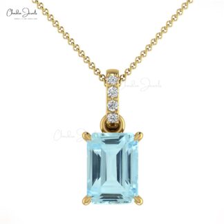 Diamond Dangle Pendant With 7x5mm Aquamarine Prong Set in 14k Solid Gold Necklaces
