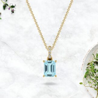 Diamond Dangle Pendant With 7x5mm Aquamarine Prong Set in 14k Solid Gold Necklaces