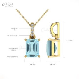 Diamond Dangle Pendant With 7x5mm Aquamarine Prong Set in 14k Solid Gold Necklaces