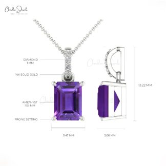 Gemstone Dangle Pendant With 7x5mm Amethyst And Diamond 14k Real Gold Jewelry