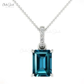 Octagon Dangle Pendant In 14k Real Gold London Blue Topaz With Diamond Necklace For Her