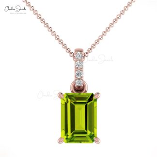 Diamond Curved Bar Dangle Pendant With 7x5mm Peridot 14k Solid Gold Women Jewelry