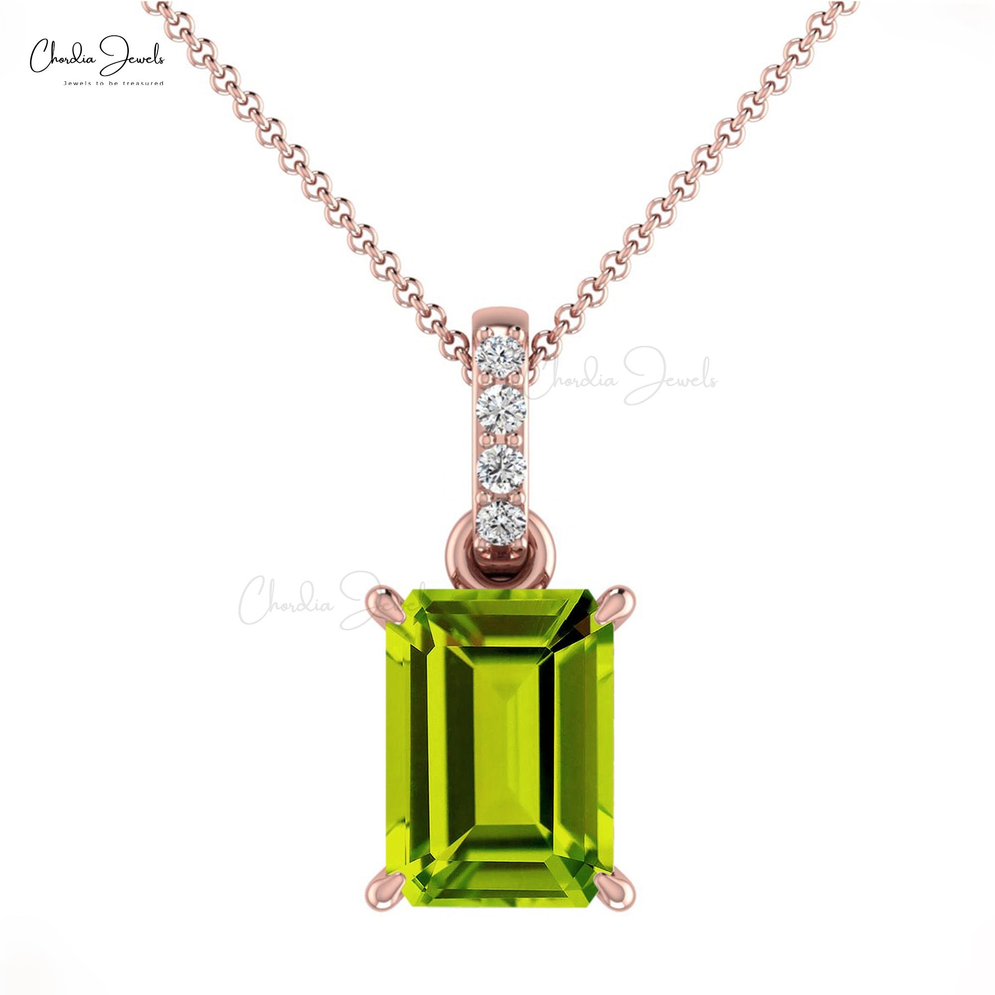 Diamond Curved Bar Dangle Pendant With 7x5mm Peridot 14k Solid Gold Women Jewelry
