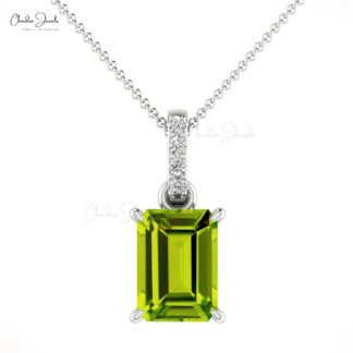 Diamond Curved Bar Dangle Pendant With 7x5mm Peridot 14k Solid Gold Women Jewelry
