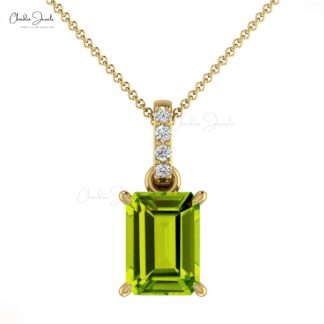 Diamond Curved Bar Dangle Pendant With 7x5mm Peridot 14k Solid Gold Women Jewelry