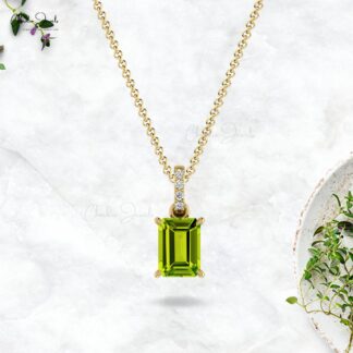 Diamond Curved Bar Dangle Pendant With 7x5mm Peridot 14k Solid Gold Women Jewelry