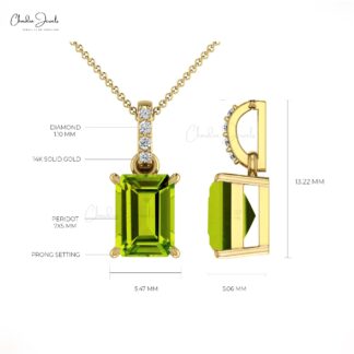 Diamond Curved Bar Dangle Pendant With 7x5mm Peridot 14k Solid Gold Women Jewelry