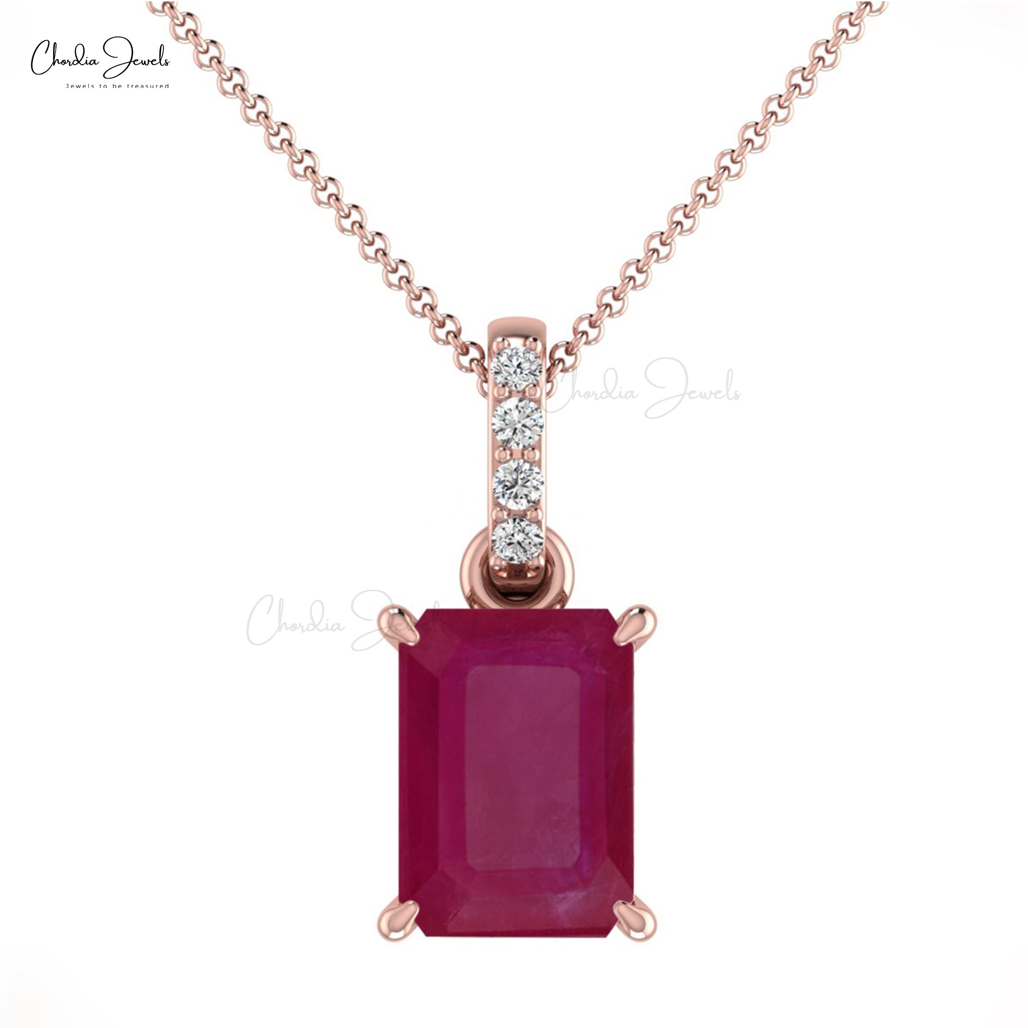 Octagon Cut Dangle Pendant With 7x5mm Ruby Gemstone And Diamond 14k Solid Gold Necklace