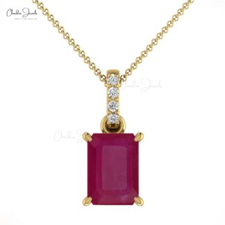 Octagon Cut Dangle Pendant With 7x5mm Ruby Gemstone And Diamond 14k Solid Gold Necklace