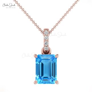 Genuine Swiss Blue Topaz Dangle Pendant In Solid 14k Gold G-H Diamond Women Jewelry