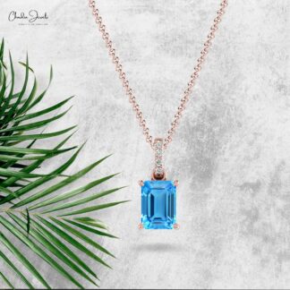 Genuine Swiss Blue Topaz Dangle Pendant In Solid 14k Gold G-H Diamond Women Jewelry