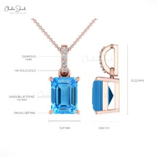 Genuine Swiss Blue Topaz Dangle Pendant In Solid 14k Gold G-H Diamond Women Jewelry