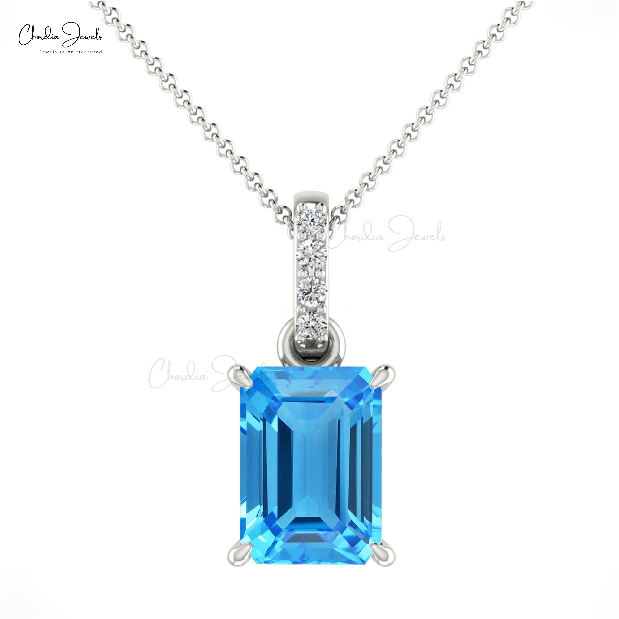 Genuine Swiss Blue Topaz Dangle Pendant In Solid 14k Gold G-H Diamond Women Jewelry