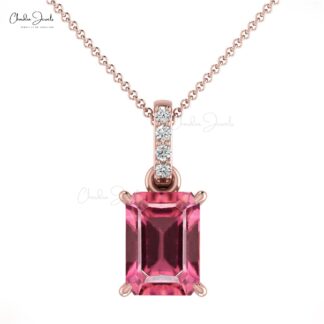 Dangle Octagon Cut Pendant in Real 14k Gold Pink Tourmaline Pave Diamond Necklace