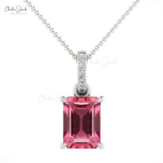 Dangle Octagon Cut Pendant in Real 14k Gold Pink Tourmaline Pave Diamond Necklace