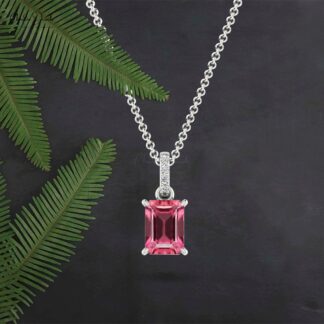 Dangle Octagon Cut Pendant in Real 14k Gold Pink Tourmaline Pave Diamond Necklace