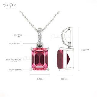 Dangle Octagon Cut Pendant in Real 14k Gold Pink Tourmaline Pave Diamond Necklace