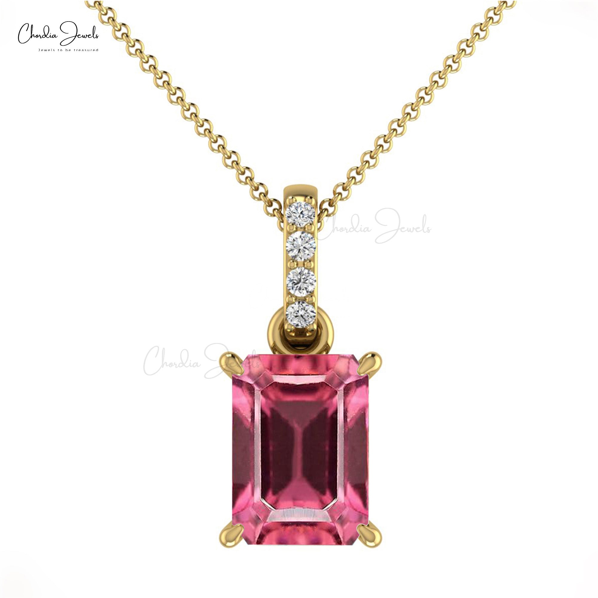 Dangle Octagon Cut Pendant in Real 14k Gold Pink Tourmaline Pave Diamond Necklace