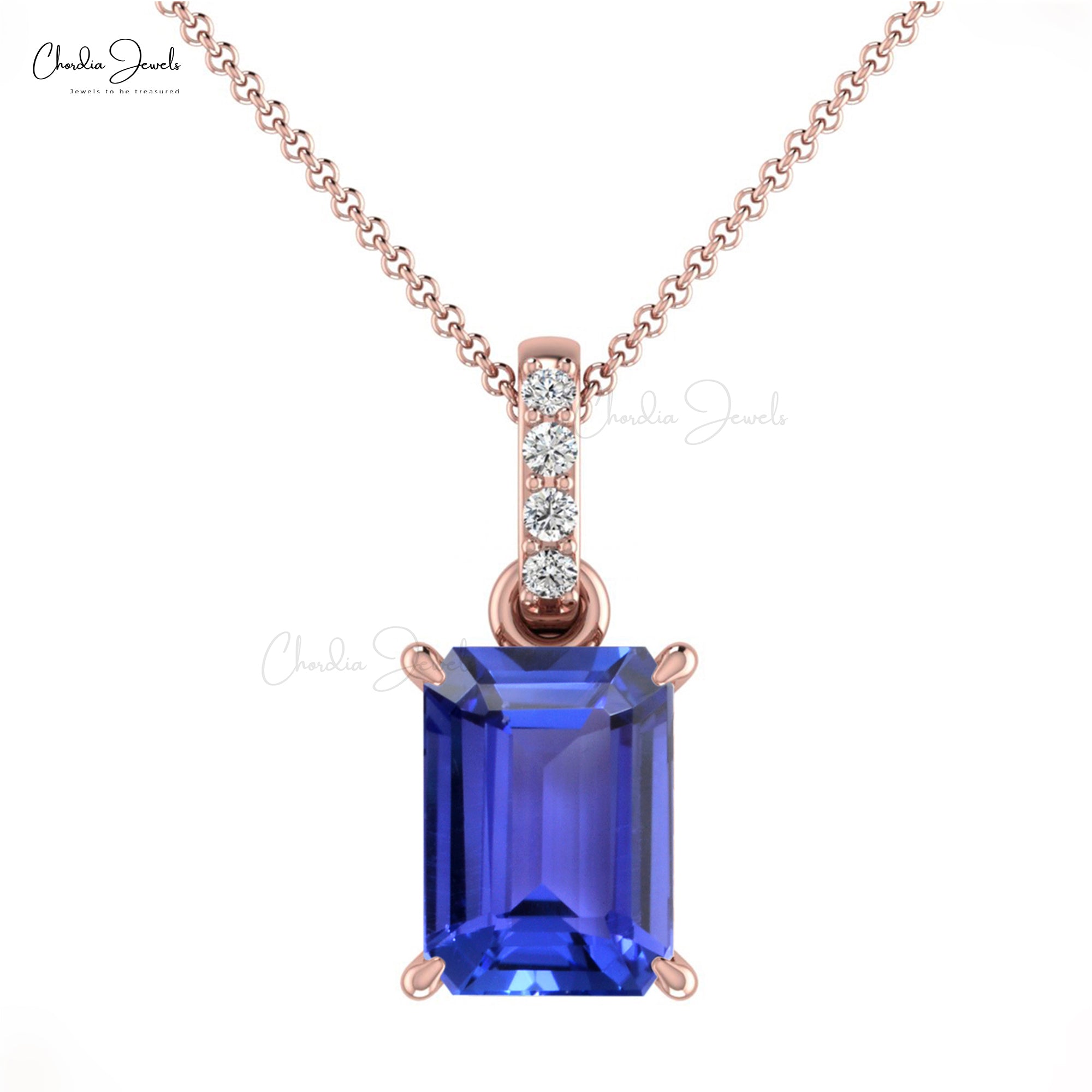 Dangling Diamond Pendant In Real 14k Gold Tanzanite Prong Set Handmade Necklaces