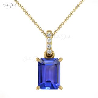 Dangling Diamond Pendant In Real 14k Gold Tanzanite Prong Set Handmade Necklaces