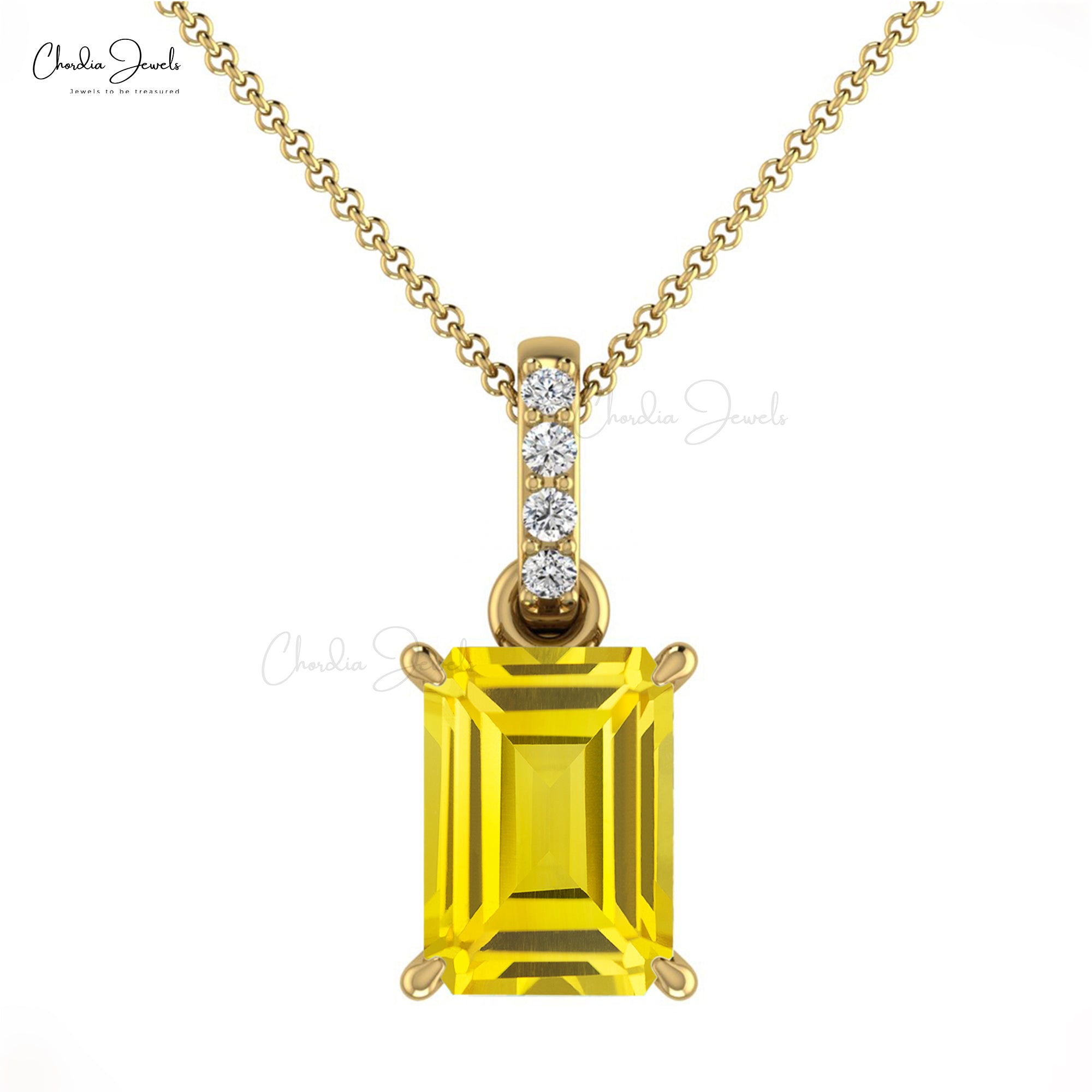 Real 14k Gold Dangling Pendant with 7x5mm Yellow Sapphire Diamond Wedding Necklaces