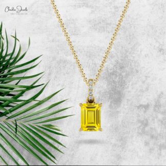 Real 14k Gold Dangling Pendant with 7x5mm Yellow Sapphire Diamond Wedding Necklaces