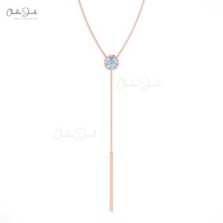 Single Stone Lariat Necklace With 3.5mm Aquamarine Bezel Set In 14k Real Gold Necklaces
