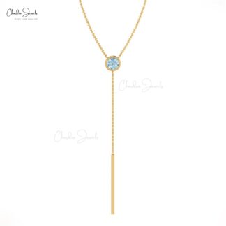 Single Stone Lariat Necklace With 3.5mm Aquamarine Bezel Set In 14k Real Gold Necklaces