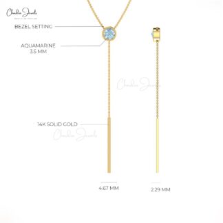 Single Stone Lariat Necklace With 3.5mm Aquamarine Bezel Set In 14k Real Gold Necklaces