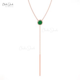Lariat Bezel Set Necklace With 3.5mm Emerald Gemstone Chain Necklace In 14k Solid Gold