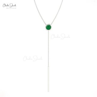 Lariat Bezel Set Necklace With 3.5mm Emerald Gemstone Chain Necklace In 14k Solid Gold