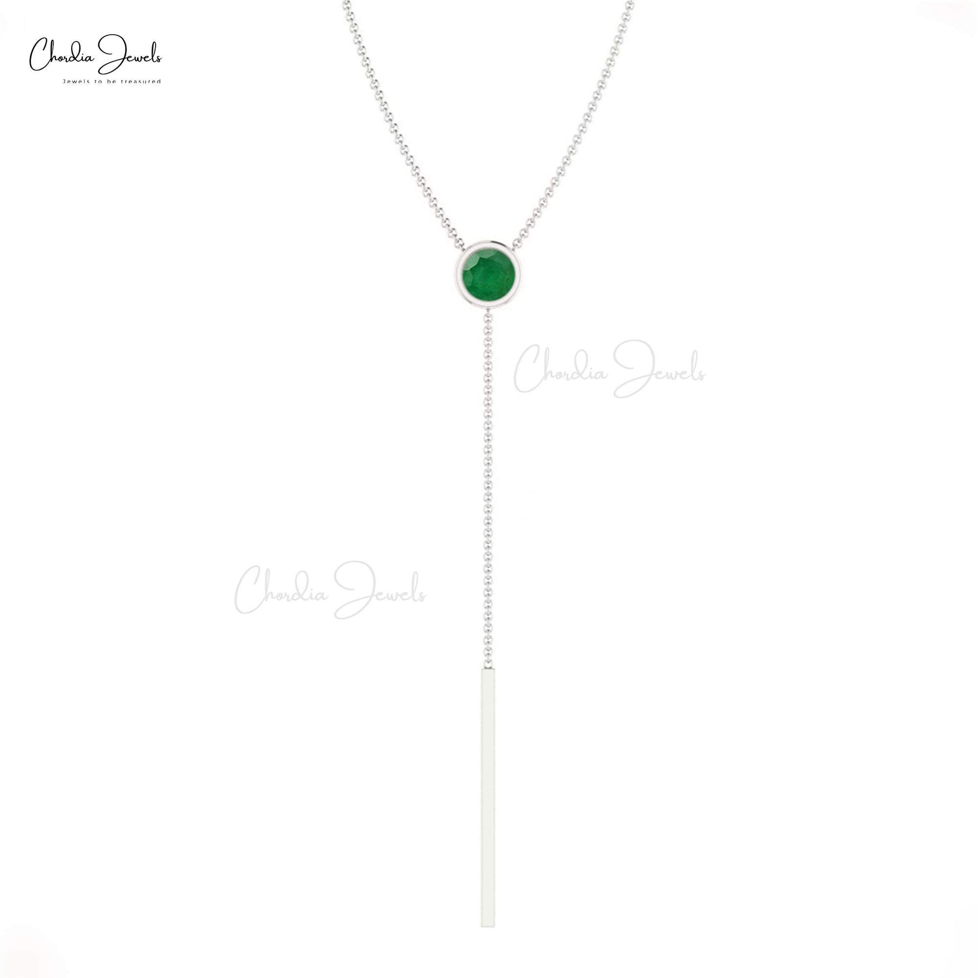 Lariat Bezel Set Necklace With 3.5mm Emerald Gemstone Chain Necklace In 14k Solid Gold