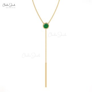 Lariat Bezel Set Necklace With 3.5mm Emerald Gemstone Chain Necklace In 14k Solid Gold