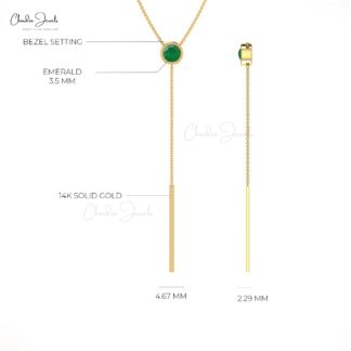 Lariat Bezel Set Necklace With 3.5mm Emerald Gemstone Chain Necklace In 14k Solid Gold