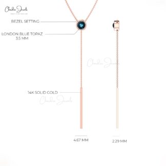Solid 14k Gold Lariat Necklace With 3.5mm London Blue Topaz Gemstone Bridal Necklaces