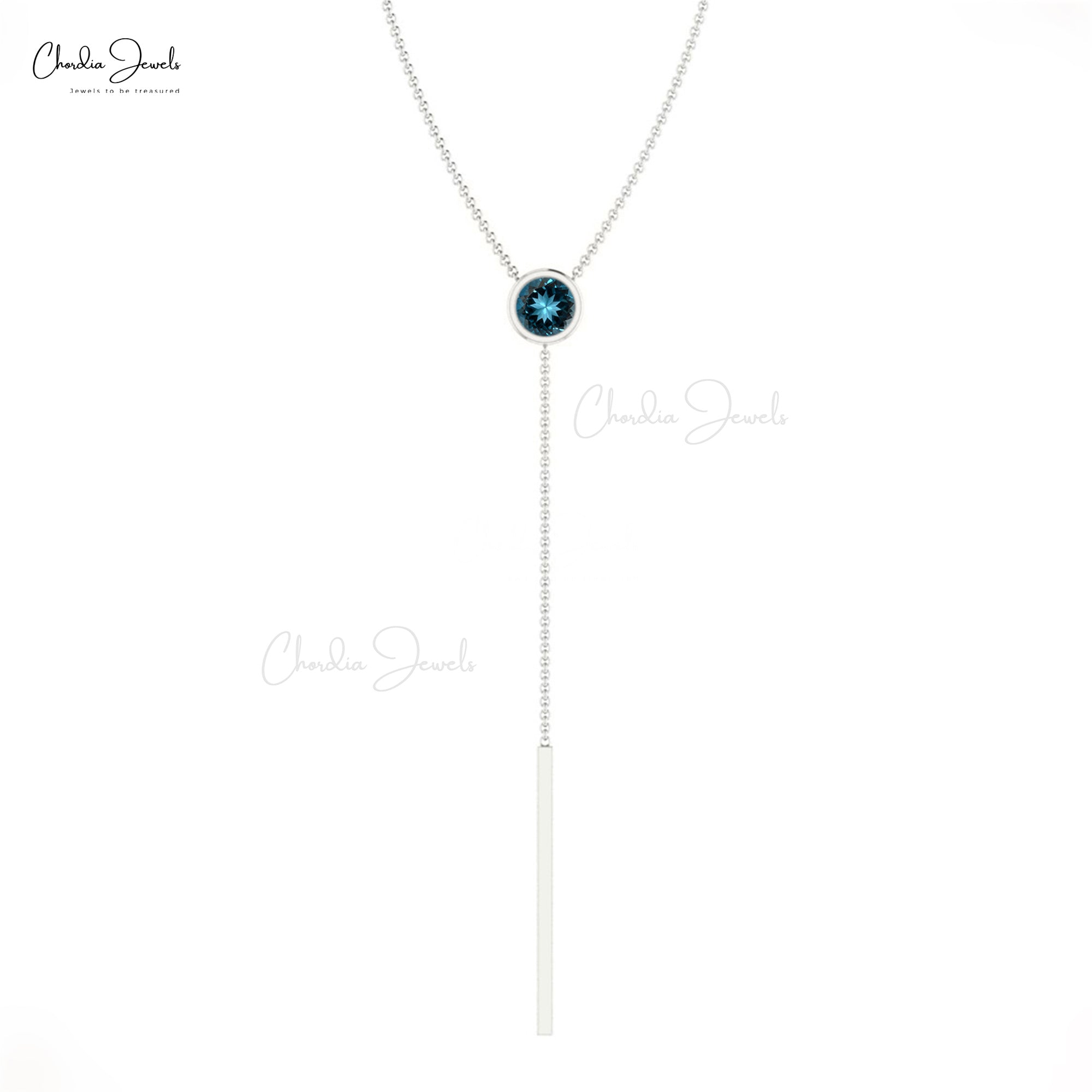 Solid 14k Gold Lariat Necklace With 3.5mm London Blue Topaz Gemstone Bridal Necklaces