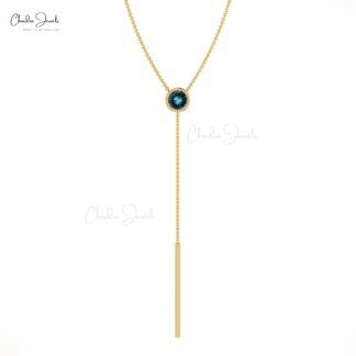 Solid 14k Gold Lariat Necklace With 3.5mm London Blue Topaz Gemstone Bridal Necklaces