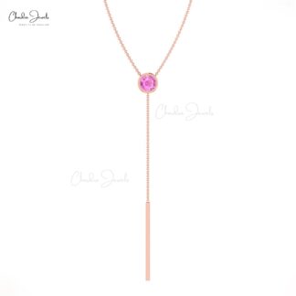 Brilliant Cut Y Drop Necklace With 3.5mm Pink Sapphire Bezel Set In 14k Real Gold Jewelry