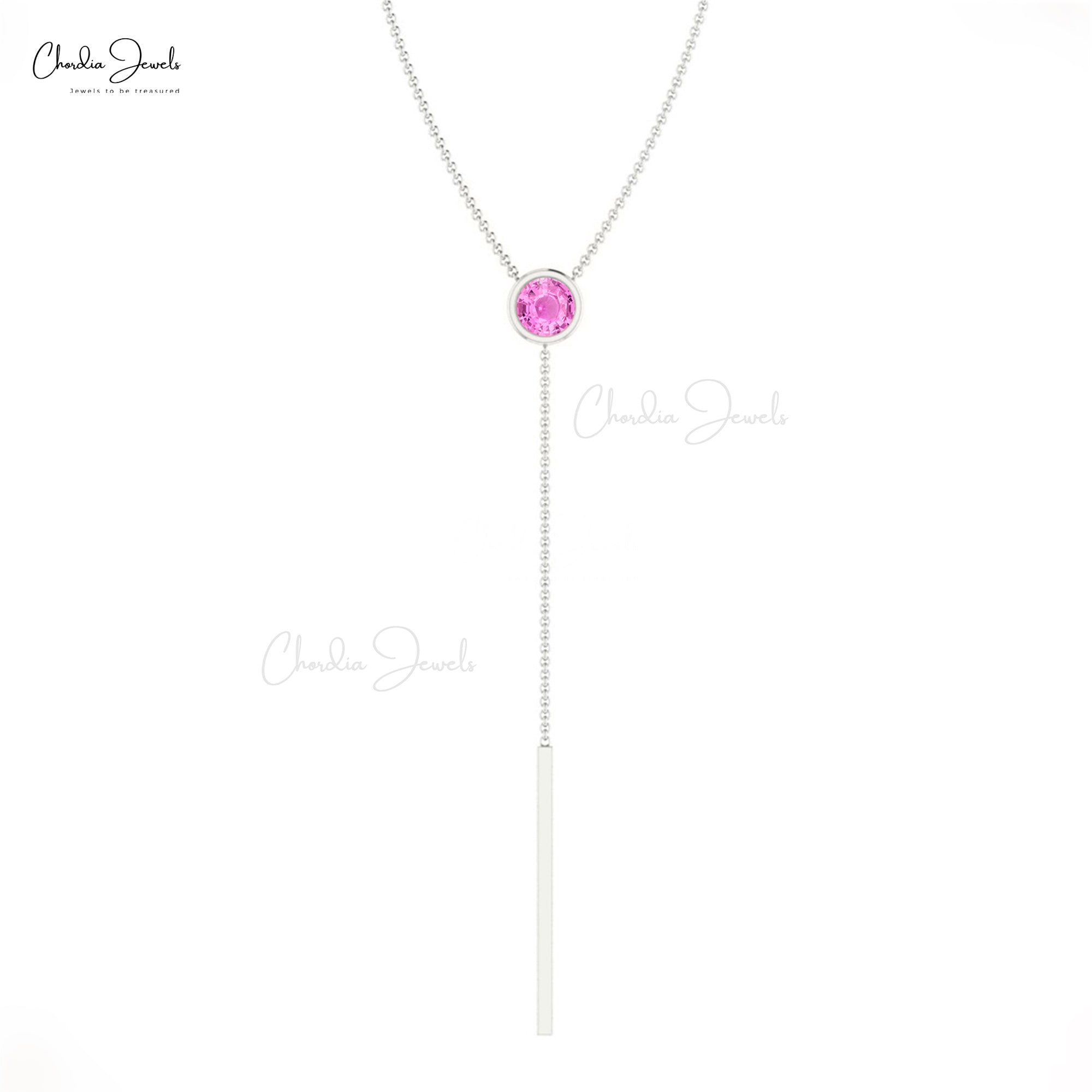 Brilliant Cut Y Drop Necklace With 3.5mm Pink Sapphire Bezel Set In 14k Real Gold Jewelry