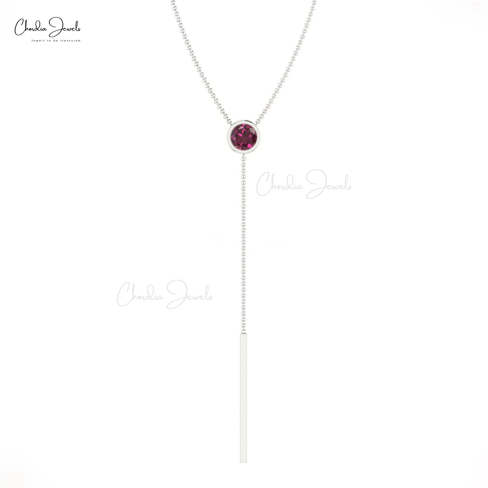 Bezel Set Solitaire Chain Necklace In 14k Gold Rhodolite Garnet 3.5mm Round Necklaces