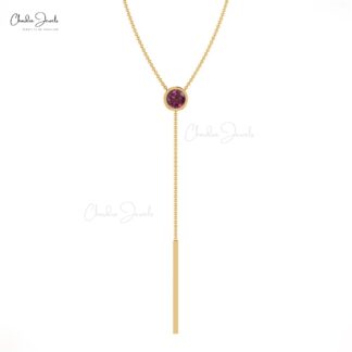 Bezel Set Solitaire Chain Necklace In 14k Gold Rhodolite Garnet 3.5mm Round Necklaces