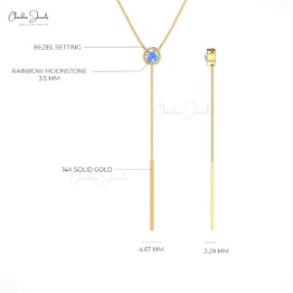 Y Drop Style Thin Chain Necklace In Pure 14k Gold Rainbow Moonstone Lariat Necklace